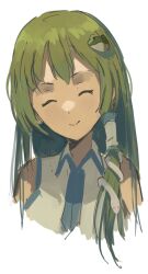 1girl absurdres closed_eyes cropped_torso frog_hair_ornament green_hair hair_ornament hair_tubes highres kochiya_sanae kornod light_smile looking_at_viewer portrait snake_hair_ornament solo touhou white_background