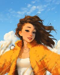 Rule 34 | 1girl, 1other, :d, bird, blue sky, blurry, blurry foreground, brown eyes, brown hair, cloud, cloudy sky, day, fur jacket, gloves, grin, hair flowing over, highres, jacket, jewelry, medium hair, necklace, open mouth, orange gloves, orange jacket, original, outstretched arms, revision, sam yang, shirt, sky, smile, tank top, upper body, wavy hair, wheat, white shirt