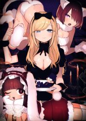 3girls absurdres alice_lendrott all_fours animal_ears black_dress black_wrist_cuffs blonde_hair blue_eyes blunt_bangs breasts caph cat_ears cat_tail cleavage cleavage_cutout closed_mouth clothing_cutout commentary dress fur-trimmed_dress fur_collar fur_gloves fur_trim gloves hair_over_one_eye highres inoue_koharu lace lace-trimmed_gloves lace_trim large_breasts looking_at_viewer lying multiple_girls on_stomach one_eye_closed open_mouth pink_eyes pouring red_dress red_eyes red_hair shinigami_bocchan_to_kuro_maid short_hair short_sleeves smile swept_bangs symbol-only_commentary tail the_pose thighhighs viola_(shinigami_bocchan_to_kuro_maid) white_gloves white_thighhighs wrist_cuffs