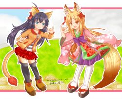 Rule 34 | 2girls, animal ears, balulu alma, black hair, black thighhighs, blonde hair, blue eyes, boots, brown boots, brown eyes, character name, dated, dress, emil chronicle online, fox ears, fox girl, fox shadow puppet, fox tail, frilled skirt, frills, geta, hair ribbon, highres, jacket, japanese clothes, kimono, loki alma, long hair, multiple girls, open mouth, orange jacket, red ribbon, red skirt, ribbon, shirt, side ponytail, skirt, striped clothes, striped shirt, tail, thighhighs, white thighhighs, yanapy