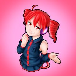 1girl ahoge arm_warmers bare_shoulders black_skirt buttons collar drill_hair female_focus grin headphones kasane_teto kasane_teto_(utau) legless matching_hair/eyes nail_polish pink_background pinkisch pleated_skirt red_eyes red_hair short_hair simple_background skirt smile solo twin_drills uniform utau vest