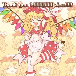 1girl 216 blonde_hair bow crystal crystal_wings english_text engrish_text flandre_scarlet heart_ribbon highres internet_survivor medium_hair multicolored_bow multicolored_wings polka_dot polka_dot_shirt polka_dot_skirt ranguage shirt skirt solo touhou wings
