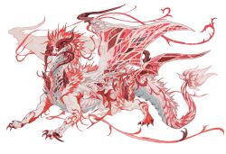 Rule 34 | animal ears, aokarasu punko, claws, dragon, forward-facing horns, full body, highres, horns, mane, monster, monster focus, multicolored fur, multiple horns, no humans, original, petals, plant, red eyes, red scales, simple background, solo, striped fur, striped tail, tail, talons, vines, watermark, white background, white fur, white scales