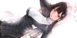 1girl black_hair black_pantyhose blue_archive blush breasts bright_pupils hair_ornament hairclip halo highres large_breasts long_hair looking_at_viewer open_mouth pantyhose red_eyes rio_(blue_archive) rosumini simple_background skirt solo sweater turtleneck very_long_hair white_background white_pupils white_sweater
