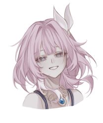 Rule 34 | 1girl, bare shoulders, blue eyes, cyrene (honkai: star rail), hair ornament, highres, honkai: star rail, honkai (series), jewelry, looking at viewer, medium hair, necklace, pink hair, simple background, smile, solo, upper body, white background, yui (iuyuui)