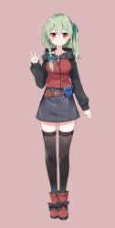 1girl absurdres artist_request belt black_hoodie black_skirt black_thighhighs blue_bow blue_ribbon boots bow brown_belt brown_boots closed_mouth commission earbuds earphones full_body green_hair hair_between_eyes hair_bow hair_ribbon hand_up highres hood hood_down hoodie huanxiang_koudai_meow indie_virtual_youtuber long_hair long_sleeves looking_at_viewer one_side_up pouch red_eyes red_hoodie ribbon second-party_source simple_background skirt smile solo standing tachi-e thighhighs two-tone_hoodie waving zettai_ryouiki