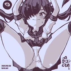 1girl arms_up backbeako_(torotei) backbeard blue_background blue_theme blush breasts commentary dated dated_commentary gegege_no_kitarou hair_over_one_eye hair_ribbon kneehighs kono_lolicon_domome light_frown long_hair looking_at_viewer monochrome neckerchief one_eye_closed original paid_reward_available panties pointy_ears ribbon sailor_collar sailor_shirt shirt short_sleeves simple_background skirt small_breasts socks solo spread_legs sweatdrop torotei translated twintails underwear watermark web_address