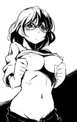1girl blush breasts female_focus from_below glasses greyscale kubocha looking_at_viewer looking_down monochrome navel nipples original simple_background solo white_background