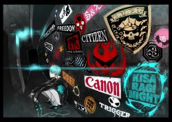 00s 10s 1980s_(style) 1boy akira_(manga) canon_(company) casual citizen_(brand) citizen_(company) company_connection creator_connection gainax glasses graffiti headphones inferno_cop inumuta_houka kill_la_kill logo male_focus neon_genesis_evangelion nerv oldschool panty_&amp;_stocking_with_garterbelt rebuild_of_evangelion retro_artstyle shoei solo squatting tengen_toppa_gurren_lagann top_wo_nerae! top_wo_nerae!_(series) trigger_(company) wall zebra_(shimaism2010)