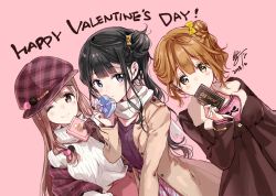 3girls ;) artist_name black_collar black_hair blue_eyes blush box brown_coat brown_eyes brown_hair coat collar commentary_request dated dutch_angle english_text gift hair_bun happy_valentine heart-shaped_box holding holding_gift long_hair long_sleeves looking_at_viewer mole mole_under_eye multiple_girls off_shoulder one_eye_closed open_clothes open_coat original parted_lips pink_background pink_skirt plaid_clothes plaid_skirt pleated_skirt purple_shawl purple_sweater ribbed_sweater scarf shawl short_hair side_bun side_ponytail signature simple_background single_side_bun skirt smile standing sweater tiv turtleneck valentine white_scarf white_sweater