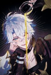 Rule 34 | 1boy, :d, antenna hair, armor, black choker, black shirt, blue eyes, choker, commentary, cup, hand up, head rest, highres, holding, holding cup, honkai: star rail, honkai (series), kinoerou, liquid gold, looking at viewer, male focus, one eye closed, open mouth, pauldrons, phainon (honkai: star rail), pouring, shirt, short hair, shoulder armor, single pauldron, smile, solo, sun symbol, sun tattoo, tan, upper body, white hair