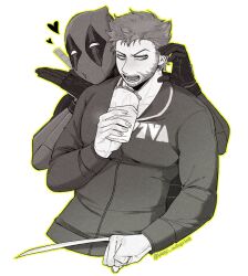 2boys beard blowing_kiss blush bodysuit chest_hair claw_(weapon) clenched_hand deadpool deadpool_&amp;_wolverine deadpool_(series) facial_hair food gloves half-heart_hands heart highres holding holding_food jacket k4nc_wolverine katana large_pectorals long_sleeves looking_at_another male_focus marvel marvel_cinematic_universe mask monochrome multiple_boys muscular muscular_male open_mouth pectorals puckered_lips short_hair superhero_costume sword teeth twitter_username weapon weapon_on_back wolverine_(x-men) x-men yaoi