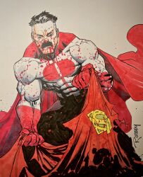 1boy abs black_hair blood blood_on_clothes blood_on_face cape commentary commission crazy_eyes dc_comics english_commentary facial_hair grey_hair highres implied_murder invincible_(series) male_focus marker_(medium) muscular muscular_male mustache nolan_grayson omni-man red_cape ryan_ottley signature solo superhero_costume superman superman_(series) torn_cape torn_clothes traditional_media two_side_up