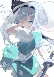 1girl absurdres bare_arms bare_shoulders black_bow black_bowtie black_hairband bow bowtie closed_mouth collared_vest cowboy_shot dual_wielding from_behind green_eyes green_skirt green_vest grey_hair hairband highres hitodama hitodama_print holding holding_sword holding_weapon katana konpaku_youmu konpaku_youmu_(ghost) kurukuru1202kr looking_at_viewer looking_back puffy_short_sleeves puffy_sleeves short_hair short_sleeves skirt skirt_set solo sword touhou vest weapon white_background