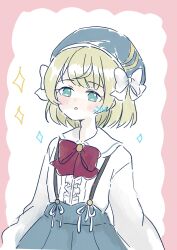 1girl :o arms_at_sides artist_name assault_lily beret blonde_hair blue_eyes blue_hat blue_skirt blush border bow bowtie center_frills commentary_request diamond_(shape) esaka_shizuku frilled_shirt frills fumi_(fumifumi3axl) hair_bow hat herensuge_girls_academy_school_uniform high-waist_skirt highres long_sleeves looking_at_viewer outside_border parted_lips pink_border pleated_skirt red_bow red_bowtie school_uniform shirt short_hair simple_background skirt solo standing suspender_skirt suspenders symbol_in_eye upper_body white_background white_bow white_shirt