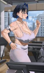 Rule 34 | 1girl, absurdres, archinoer, black hair, blue eyes, blue hair, blue nails, breasts, collarbone, covered erect nipples, earphones, exercising, from side, hair intakes, highres, hololive, hololive english, huge breasts, indoors, jewelry, multicolored hair, necklace, open mouth, ouro kronii, pants, running, short hair, solo, sports bra, sweat, treadmill, two-tone hair, very sweaty, virtual youtuber, white pants, white sports bra, window, yoga pants