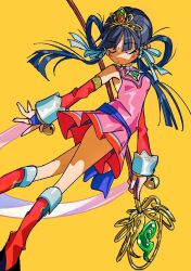 1girl boots closed_eyes detached_sleeves dress flat_chest gem grgrton hair_ribbon highres long_hair long_sleeves original pleated_skirt ribbon short_dress simple_background skirt solo staff standing twintails wand yellow_background