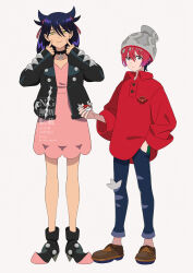 2girls amate_yuzuriha aqua_eyes black_choker black_hair black_jacket brown_footwear choker closed_mouth cosplay dress gundam gundam_gquuuuuux hair_ribbon hat highres holding holding_poke_ball jacket long_hair long_sleeves looking_at_viewer marnie_(pokemon) marnie_(pokemon)_(cosplay) multiple_girls nintendo nyaan_(gundam_gquuuuuux) open_clothes pants pink_dress poke_ball poke_ball_(basic) pokemon pokemon_swsh red_hair red_shirt ribbon shirt short_hair simple_background syaparinton twintails victor_(pokemon) victor_(pokemon)_(cosplay) white_background yellow_eyes