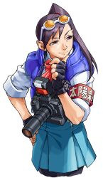 Rule 34 | 1girl, absurdres, armband, black gloves, blue skirt, blue vest, bow, brown eyes, camera, cropped legs, down vest, edaki shin&#039;ya, eyewear on head, finger to own chin, fingerless gloves, game cg, gloves, half-closed eyes, hand on own hip, hand up, hibiki ran, highres, justice gakuen, leggings under skirt, looking to the side, moero! justice gakuen, non-web source, official art, open clothes, open vest, pink bow, ponytail, simple background, skirt, sleeves rolled up, smile, solo, sunglasses, vest, watch, white background, wristwatch