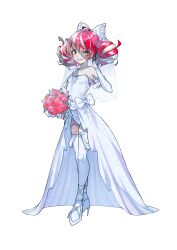 1girl absurdres ahoge alternate_costume armpits blunt_ends blush bouquet bow breasts bridal_veil bride colored_skin commentary cross-shaped_pupils double_bun dress earrings elbow_gloves english_commentary floral_print_dress floral_print_thighhighs flower full_body gloves green_eyes grey_skin hair_bow hair_bun hand_on_own_ear heterochromia high_heels highres holding holding_bouquet hololive hololive_indonesia jewelry kghazir kureiji_ollie looking_at_viewer looking_to_the_side multicolored_eyes multicolored_hair multicolored_skin off-shoulder_dress off_shoulder patchwork_skin pink_flower presenting_armpit print_dress red_flower red_hair rose shoes showgirl_skirt small_breasts smile standing stitched_face stitches symbol-shaped_pupils thighhighs transparent_background two-tone_hair veil virtual_youtuber wedding_dress white_bow white_dress white_gloves white_hair white_shoes white_skin white_thighhighs yellow_eyes zettai_ryouiki zombie