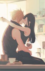 1boy 1girl apron bare_arms bare_shoulders black_apron black_hair black_shirt blonde_hair blurry blurry_foreground closed_eyes cloud_strife commentary couple crop_top cup earrings english_commentary facing_another feet_out_of_frame final_fantasy final_fantasy_vii final_fantasy_vii_advent_children from_side hetero highres holding holding_cup hug indoors jewelry kiss kiss_day long_hair midriff mixmomo_yah profile shirt single_earring sitting sleeveless sleeveless_shirt spiked_hair tifa_lockhart waist_apron