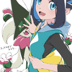 1girl bag between_breasts black_hair black_shirt blue_eyes blue_hair blue_hoodie boko_(maniacpurple) breasts close-up colored_inner_hair fangs from_side highres hood hood_down hoodie liko_(pokemon) looking_at_viewer lower_teeth_only meowscarada multicolored_hair nintendo open_mouth pokemon pokemon_(anime) pokemon_(creature) pokemon_horizons shirt short_hair shoulder_bag sleeveless sleeveless_hoodie strap_between_breasts teeth three-quarter_sleeves translation_request two-tone_hair white_background yellow_bag