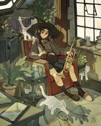 Rule 34 | 1girl, animal, animal on lap, armchair, artist logo, bandaid, bandaid on leg, black choker, black eyes, black hair, black skirt, book, bookshelf, bottle, braid, braided ponytail, candle, cat, cat on lap, cellphone, chair, choker, christmas lights, closed mouth, commentary, english commentary, flask, frills, ghost, grey sweater, hat, highres, holding, holding instrument, indoors, instrument, jar, jewelry, logo, long hair, on chair, on lap, open window, original, petting, phone, plant, potted plant, ring, shoes, simz, single shoe, sitting, skirt, slice of life, slippers, smartphone, smile, solo, sweater, table, trombone, unworn shoe, water bottle, window, witch hat, wooden floor, wooden table