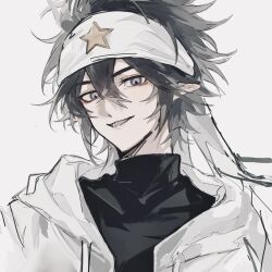 1boy aotu_world bandana black_hair black_shirt grey_eyes hair_between_eyes headband highres hood hood_down hooded_jacket hoodie jacket looking_at_viewer male_focus open_clothes open_jacket open_mouth pointy_ears portrait ray_(aotu_world) shirt short_hair simple_background smile solo star_(symbol) star_print teeth turtleneck upper_body white_background white_headband white_jacket xinjinjumin235132096103