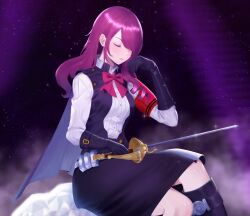 1girl armband black_boots black_gloves black_skirt blush boots bow bowtie breasts cape closed_eyes closed_mouth eyelashes feet_out_of_frame gekkoukan_high_school_uniform gloves hair_over_one_eye highres holding holding_sword holding_weapon kirijou_mitsuru long_hair medium_breasts mikan_zakuro night night_sky persona persona_3 purple_hair rapier red_armband red_bow red_bowtie s.e.e.s school_uniform sitting skirt sky solo star_(sky) starry_sky_background sword weapon