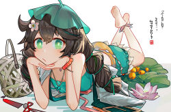 Rule 34 | 1girl, absurdres, arknights, barefoot, bead bracelet, beads, bikini, bracelet, braid, brown hair, cuora (amongst lotuses) (arknights), cuora (arknights), flower, green bikini, green eyes, green hair, hair flower, hair ornament, head rest, highres, jewelry, kanshio, long hair, looking at viewer, lotus, lying, multicolored hair, necklace, official alternate costume, on stomach, pink flower, solo, streaked hair, swimsuit, twin braids, two-tone hair