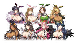 6+girls animal_ears animal_print bell black_hair blue_hair breasts brown_hair cleavage commentary_request covered_erect_nipples cow_print dark-skinned_female dark_skin fake_animal_ears hair_bun highres horns large_breasts leotard light_brown_hair lips lipstick long_hair makeup mole mole_on_breast mole_under_mouth multicolored_hair multiple_girls neck_bell original pink_hair playboy_bunny ponytail rabbit_ears senri_gan shiny_skin simple_background single_hair_bun smile strapless strapless_leotard two-tone_hair upper_body