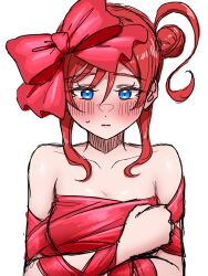1girl bare_shoulders blue_eyes blush bow breasts cleavage collarbone embarrassed frilled_bow frills hair_bow hair_bun highres hrud214 large_bow love_live! love_live!_superstar!! medium_breasts naked_ribbon nose_blush parted_lips red_bow red_hair red_ribbon ribbon self_gift short_hair_with_long_locks simple_background single_side_bun solo sweatdrop upper_body white_background yoneme_mei