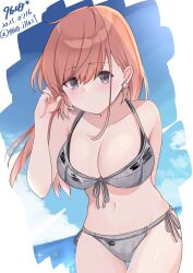 Rule 34 | 1girl, 9610 (kuroto), atlanta (kancolle), atlanta (swimsuit) (kancolle), beach, bikini, blue sky, blush, breasts, brown hair, cleavage, collarbone, dated, day, earrings, grey bikini, grey eyes, hair ornament, highres, jewelry, kantai collection, large breasts, long hair, looking at viewer, navel, outdoors, side-tie bikini bottom, sky, solo, star (symbol), star earrings, swimsuit, twitter username, water, white background