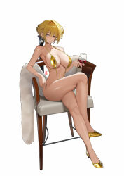 1girl absurdres bare_legs bare_shoulders blonde_hair breasts closed_mouth collarbone commentary cup drinking_glass earrings evelyn_chevalier full_body gold_slingshot_swimsuit high_heels highres holding holding_cup jewelry large_breasts legs looking_at_viewer purple_eyes ring_hair_ornament shizuko_hideyoshi short_hair simple_background sitting solo stomach thighs white_background wine_glass zenless_zone_zero