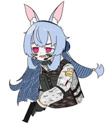 1girl animal_ear_fluff animal_ears snow_camouflage black_gloves blue_hair buck_teeth camouflage camouflage_jacket cropped_torso facepaint gloves gun handgun headset holding holding_gun holding_weapon indie_virtual_youtuber jacket load_bearing_vest long_hair long_sleeves nanobites open_mouth patch rabbit_ears red_eyes shoulder_patch simple_background solo teeth trigger_discipline upper_body upper_teeth_only virtual_youtuber weapon white_background white_jacket