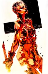 1girl absurdres black_background breasts camouflage camouflage_pants from_side gloves highres holding holding_knife knife looking_at_viewer medium_breasts metal_gear_(series) metal_gear_solid_2:_sons_of_liberty official_art olga_gurlukovich pants reverse_grip shinkawa_youji shirt short_hair sideways_glance simple_background sleeveless solo striped_clothes striped_shirt suspenders telnyashka third-party_source two-tone_background white_background white_hair