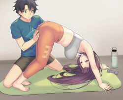 1boy 1girl ass black_pants blue_shirt bottle breasts dynamitenatalia fate/grand_order fate_(series) fujimaru_ritsuka_(male) hand_on_another&#039;s_ass highres long_hair pants scathach_(fate) shirt sports_bra upside-down yoga yoga_mat yoga_pants