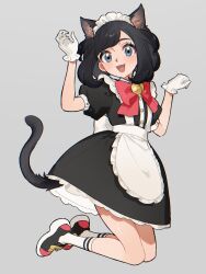1girl :d animal_ears apron bell black_dress black_hair black_shoes blue_eyes bow bowtie cat_ears cat_girl cat_tail commentary dress eyelashes fang fua1heyvot4ifsr full_body gloves grey_background highres maid maid_apron maid_headdress nintendo open_mouth pokemon pokemon_sm puffy_short_sleeves puffy_sleeves red_bow red_bowtie selene_(pokemon) shoes short_hair short_sleeves smile socks solo tail white_apron white_gloves white_socks