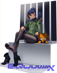 1girl black_pantyhose black_skirt blue_hair boots copyright_logo copyright_name crossed_legs donel1216 dorsiflexion feet full_body green_jacket gundam gundam_gquuuuuux hair_between_eyes hair_bun hand_on_own_knee highres jacket legs long_sleeves looking_at_viewer military_uniform miniskirt no_shoes nyaan_(gundam_gquuuuuux) pantyhose pencil_skirt sidelocks single_boot sitting skirt soles solo thighs toes unworn_boots yellow_eyes