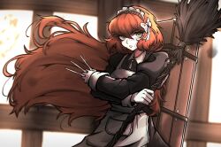 1girl absurdres apron black_dress bow broom dress freckles give_miol green_eyes hair_bow highres holding holding_broom holding_knife indoors ishmael_(project_moon) juliet_sleeves knife limbus_company long_hair long_sleeves looking_at_viewer maid maid_apron maid_headdress orange_hair project_moon puffy_sleeves solo standing upper_body white_apron white_bow wuthering_heights_(identity)_(project_moon)