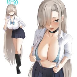 1girl absurdres asuna_(blue_archive) bikini black_choker black_socks blue_archive blue_bikini blue_eyes blue_ribbon blush bow breasts choker cleavage collarbone collared_shirt covered_erect_nipples hair_over_one_eye highres kneehighs large_breasts long_hair looking_at_viewer multiple_views pleated_skirt ribbon school_uniform shirt shirt_tucked_in skirt smile socks solo standing swimsuit taaakaaaa very_long_hair white_shirt