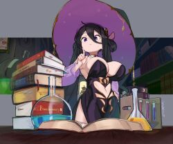 1girl beaker black_dress black_eyes black_hair book book_stack breasts cleavage closed_mouth commentary_request desk dress hand_on_own_hip hat highres large_breasts long_hair magister original sidelocks solo standing vial witch witch_hat