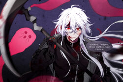 1boy a_date_with_death black_coat black_gloves blood blood_on_face bloody_weapon casper_(a_date_with_death) closed_mouth coat english_text engrish_text ghost gloves hair_between_eyes highres holding holding_scythe long_hair looking_at_viewer male_focus purple_background ranguage red_eyes sanfangzhu58831 scythe solo very_long_hair weapon white_hair