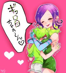 1girl 2boys celia_mae elbow_gloves gloves green_hair hair_over_one_eye heart horns hug long_hair mike_wazowski monsters_inc. multiple_boys open_mouth personification purple_hair repikinoko shorts smile translation_request