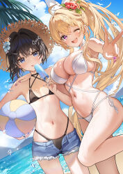 2girls ;d ball beach beachball bikini black_hair blonde_hair blue_eyes breasts commentary_request day denim denim_shorts dutch_angle feet_out_of_frame fingernails flat_chest flower food hair_between_eyes hair_flower hair_ornament hat highres holding holding_food holding_popsicle large_breasts long_fingernails looking_at_viewer multicolored_hair multiple_girls nail_polish navel one_eye_closed open_clothes open_fly open_mouth open_shorts original outdoors peace ponytail popsicle purple_hair purple_nails shan_(ti0n) short_shorts shorts smile standing standing_on_one_leg straw_hat swimsuit teeth tongue tongue_out two-tone_hair upper_teeth_only v water_drop wet