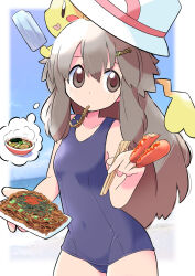 1girl blue_one-piece_swimsuit brown_eyes brown_hair collarbone covered_navel cowboy_shot food food_in_mouth gen_1_pokemon hat highres holding holding_food hot_dog leaf_(pokemon) long_hair looking_at_viewer nintendo one-piece_swimsuit pikachu pokemon pokemon_frlg popsicle rascal_(feuille) school_swimsuit speech_bubble swimsuit thought_bubble very_long_hair white_hat yakisoba
