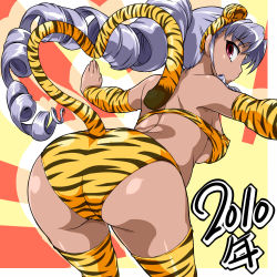 10s 1girl 2010 animal_ears animal_print ass ass_focus bent_over bikini breasts cowboy_shot dark-skinned_female dark_skin drill_hair fake_animal_ears female_focus heart heart_tail large_breasts legs_apart long_hair looking_back new_year orange_bikini orange_thighhighs os-tan pink_eyes ponytail red_eyes silver_hair solo strapless strapless_bikini swimsuit tail thighhighs tiger_ears tiger_girl tiger_print tiger_tail toushi_ryoku underboob vista-tan vistake
