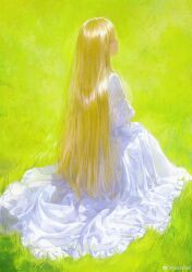 1girl blonde_hair dress from_behind full_body grass highres long_hair long_sleeves on_grass original outdoors seapall solo watermark weibo_watermark white_dress