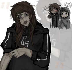 Rule 34 | 1girl, :d, afraid of monsters, bag, bags under eyes, black eyes, black hoodie, blood, blood on face, blood on mouth, blush, brown hair, burn scar, cry of fear, david leatherhoff, frown, genderswap, genderswap (mtf), grey hoodie, hair over shoulder, head tilt, highres, hood, hood up, hoodie, looking at another, looking at viewer, medium hair, open mouth, print hoodie, pulling own clothes, scar, scar on arm, scar on face, scar on nose, shoulder bag, simon henriksson, sleeves rolled up, smile, sweatdrop, track marks, turtleneck, upper body, vrmnyam, zoom layer
