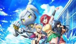 Rule 34 | 3girls, arm guards, asuka (senran kagura), asuka (senran kagura) (cosplay), black cape, black gloves, black hair, black thighhighs, blonde hair, breasts, butterfly hair ornament, cape, chuunibyou, cleavage, cosplay, day, dolphin hair ornament, dolphin wave, elbow gloves, fang, game cg, gloves, green eyes, green scrunchie, green shirt, hair ornament, hair over one eye, hair scrunchie, highres, humanoid robot, izumi kiri, kurose minami, large breasts, long hair, medium breasts, medium hair, multiple girls, navel, non-web source, official alternate costume, official art, one side up, ootomo takuji, open mouth, peace symbol, purple streaks, red hair, red skirt, robot, sakimiya iruka, scrunchie, senran kagura, senran kagura new link, shiki (senran kagura), shiki (senran kagura) (cosplay), shirt, side ponytail, single hair streak, skirt, smile, sunlight, sweater vest, thighhighs, two-tone cape, urami kana, yagyu (senran kagura), yagyu (senran kagura) (cosplay), yellow sweater vest